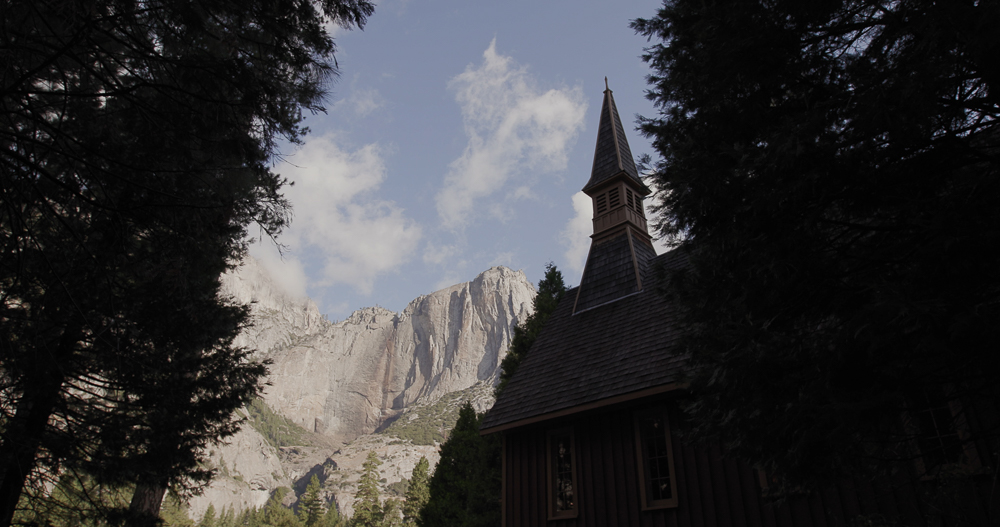 View of Yosemite Valley Chapel and Yosemite Falls